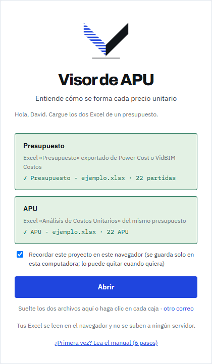 Las dos cajas de Presupuesto y APU en verde con el botón Abrir